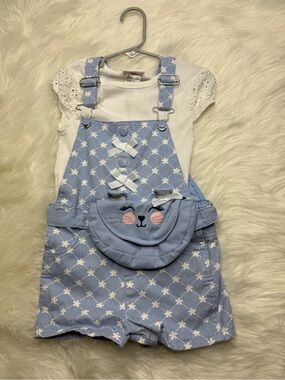 Little Lass Light Blue Floral Short Overalls with Smile Pouch